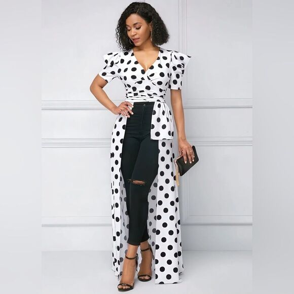 black and white polka dot puff sleeve wrap long blouse Size XS - Picture 1 of 11